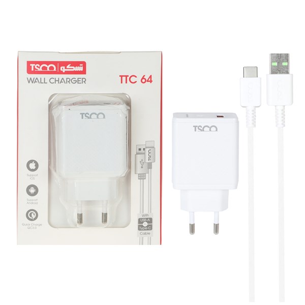 شارژر دیواری فست تک پورت 18 وات TSCO مدل TTC 64 همراه با کابل شارژ TYPE-C - سفید